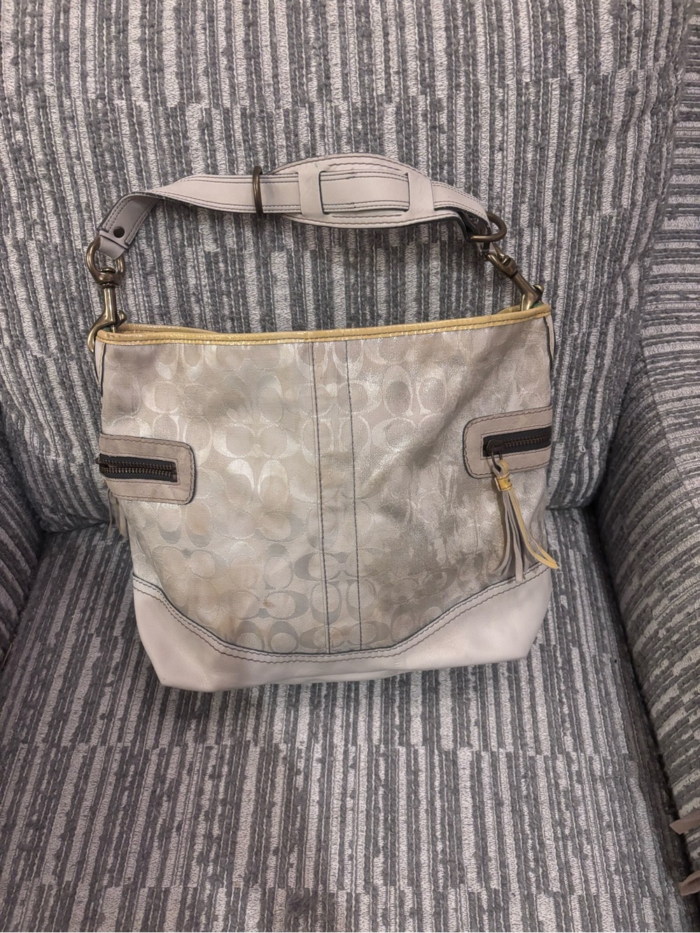Coach Signature Hobo in Light Gray with Cream Trim and Yellow Accent